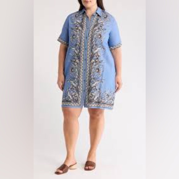 Max Studio Dresses & Skirts - Max Studio Blue Linen Blend Shirt Dress Embroidered Size M NEW